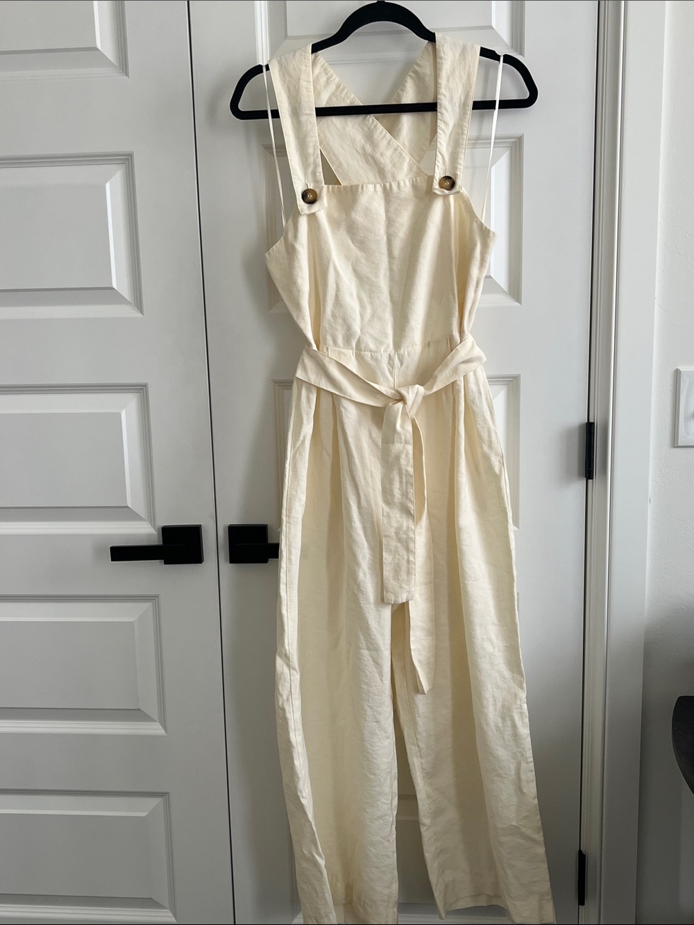 Zara Cream Sleeveless Linen-Blend Jumpsuit with Tie Waist